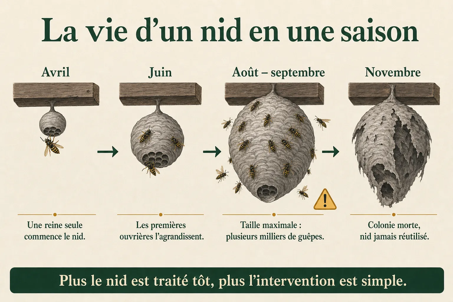 Infographie : la vie d'un nid de guêpes en une saison, d'avril à novembre, du petit nid de la reine au nid vide abandonné