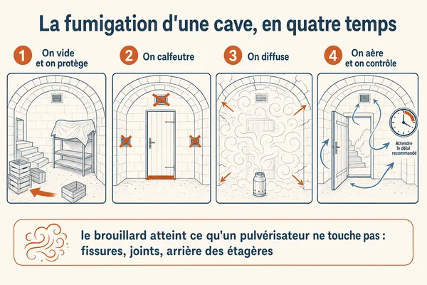 Infographie : les quatre temps d'une fumigation de cave, vider et protéger, calfeutrer, diffuser, aérer et contrôler