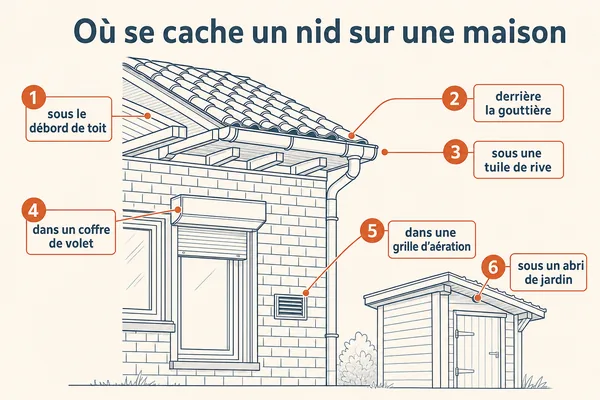 Infographie : les six endroits où se cache un nid de guêpes ou de frelons sur une maison, du débord de toit à l'abri de jardin