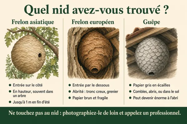 Infographie comparant le nid de frelon asiatique, le nid de frelon européen et le nid de guêpe